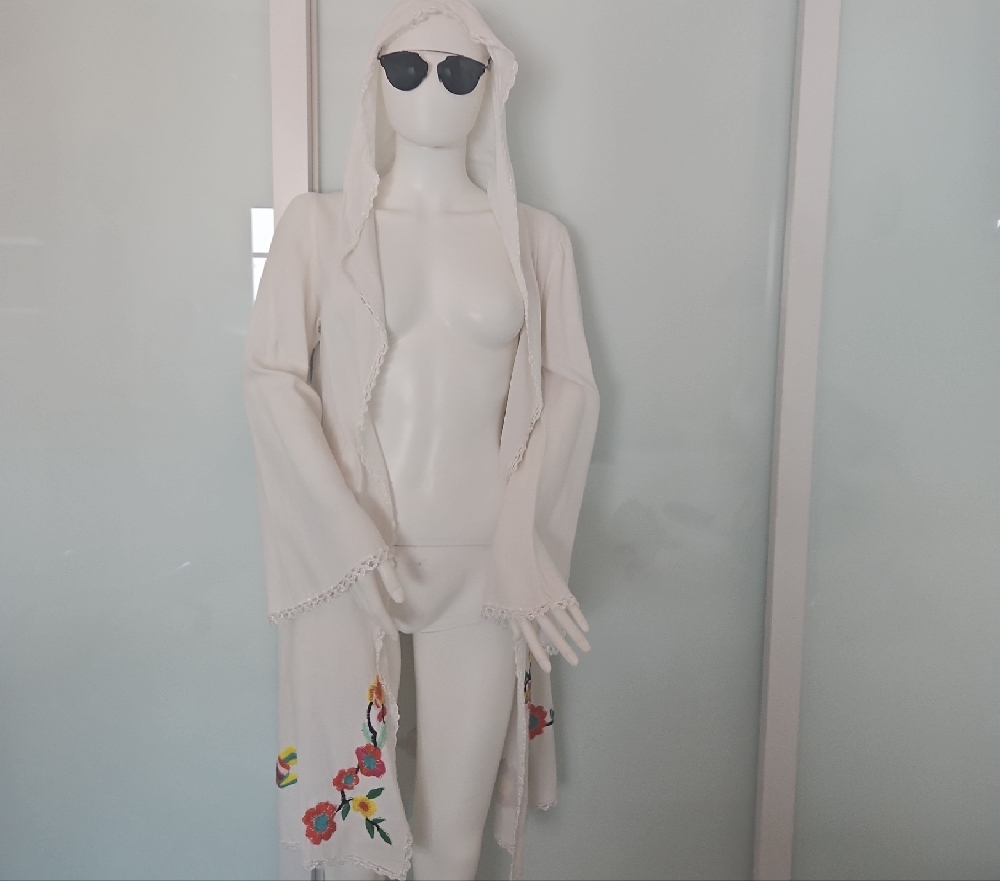 White Hooded Cover-Up with Floral Embroidery